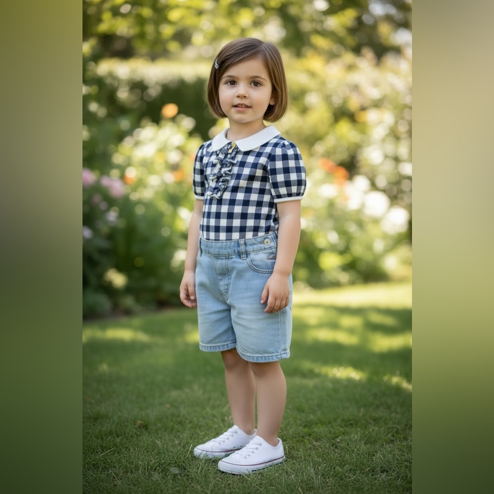 Janie and Jack Navy Gingham Peter Pan Collar Ruffle Top Girls Size 4 - Picture 7 of 7